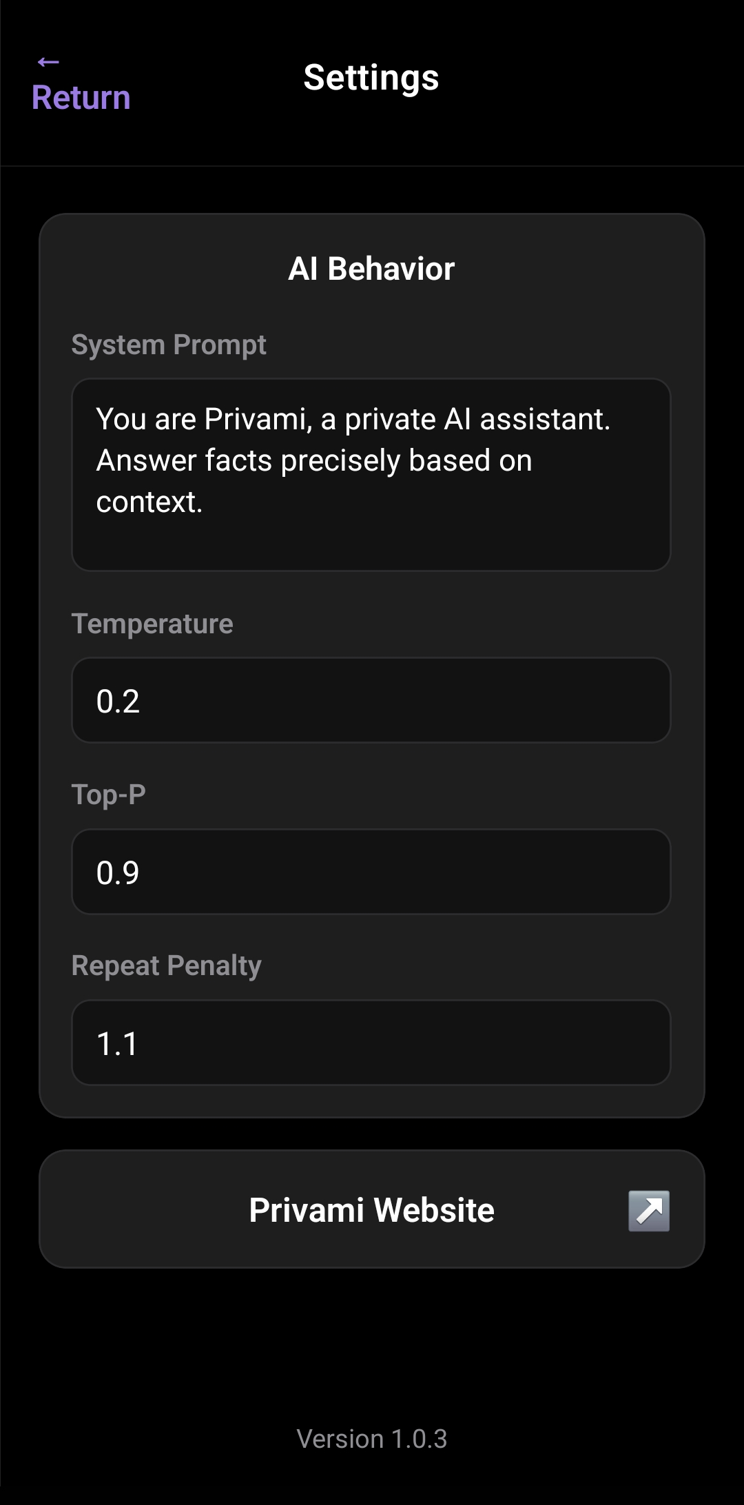 Settings interface